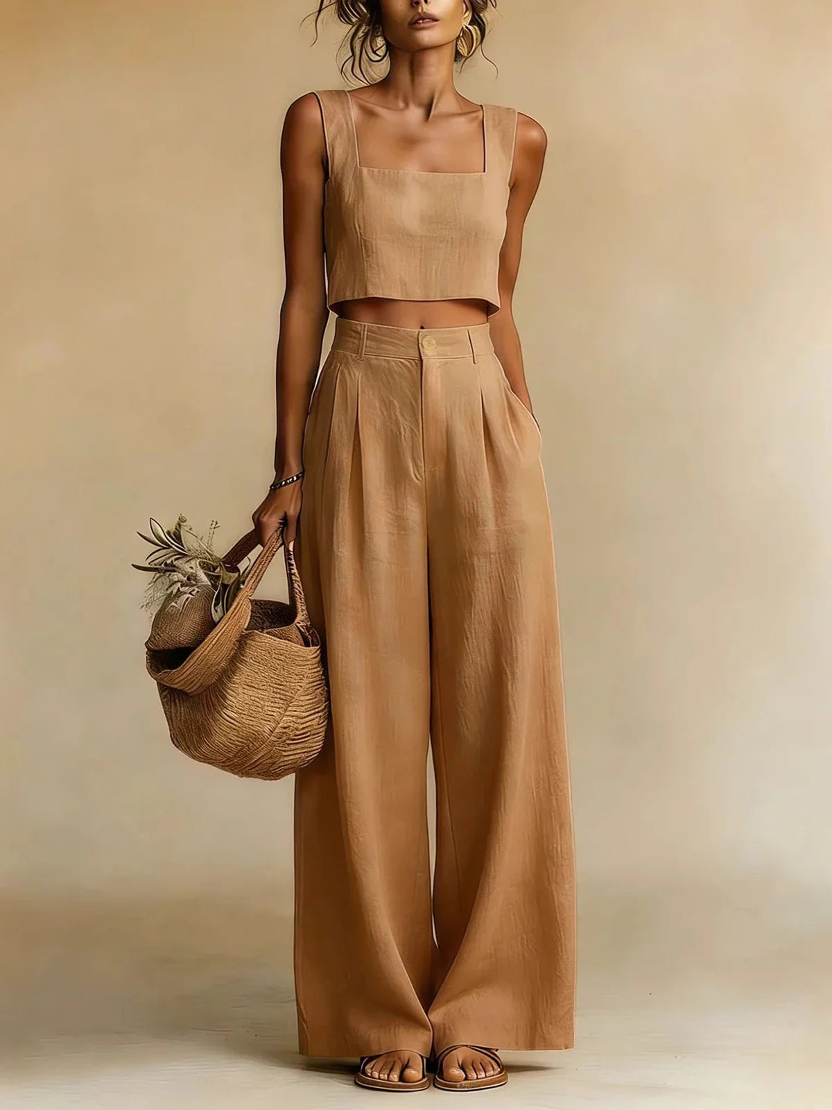 pearlava women's square-neck crop top & palazzo trouser set