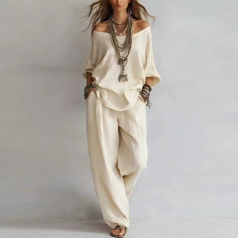 pearlava women's off-shoulder top & wide-leg trouser set
