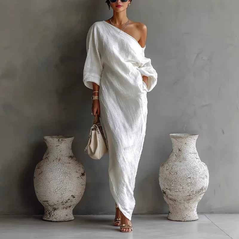 pearlava women's one-shoulder linen maxi dress