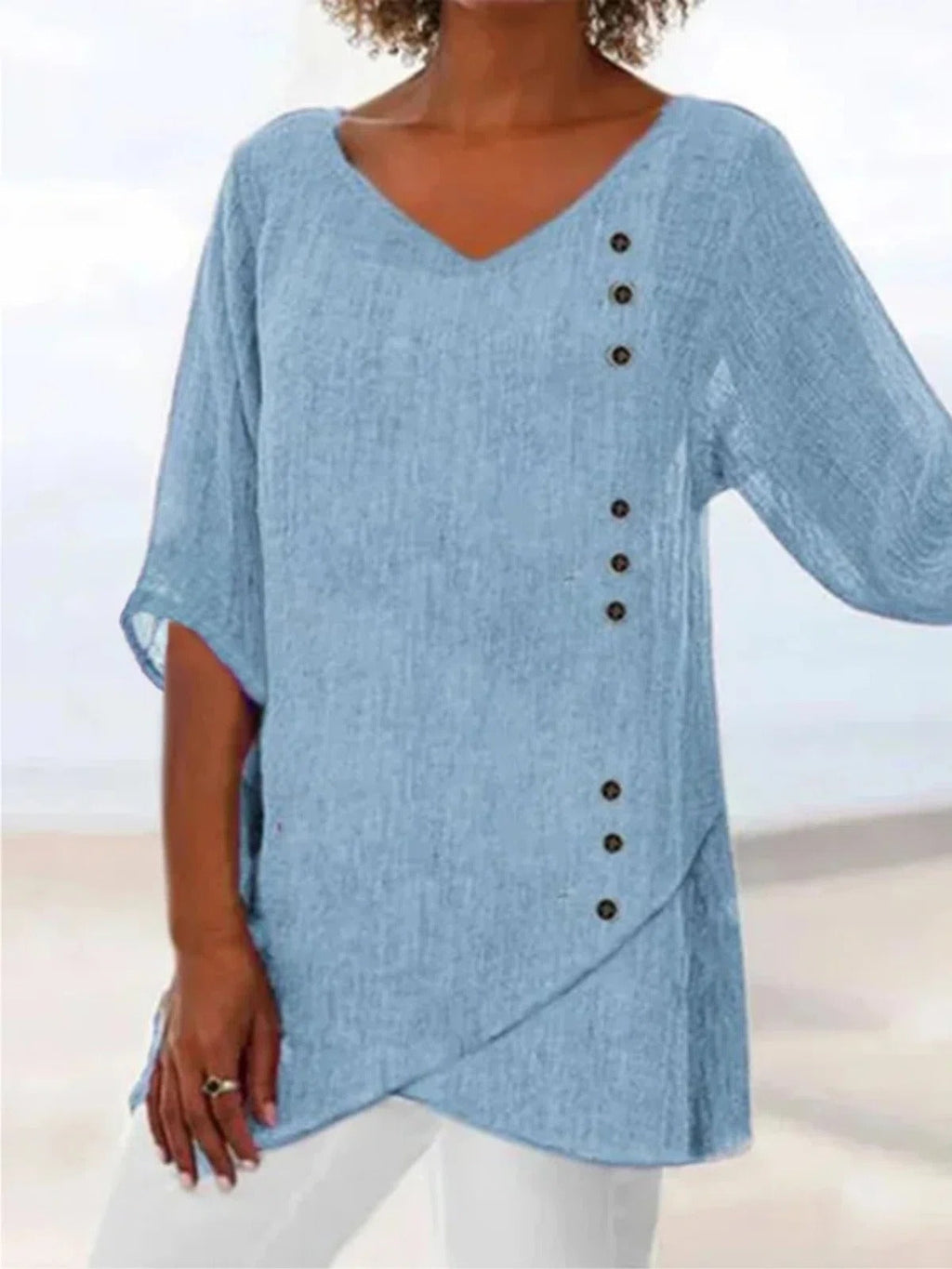 pearlava women's blue button-trim v-neck asymmetric-hem 3/4 sleeve blouse