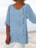 pearlava women's blue button-trim v-neck asymmetric-hem 3/4 sleeve blouse