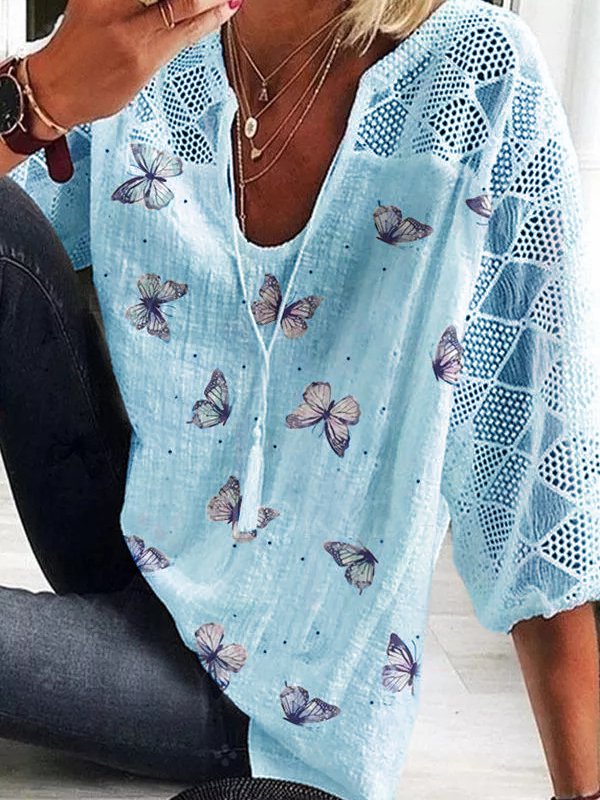 pearlava women's butterfly-print mesh-sleeve top