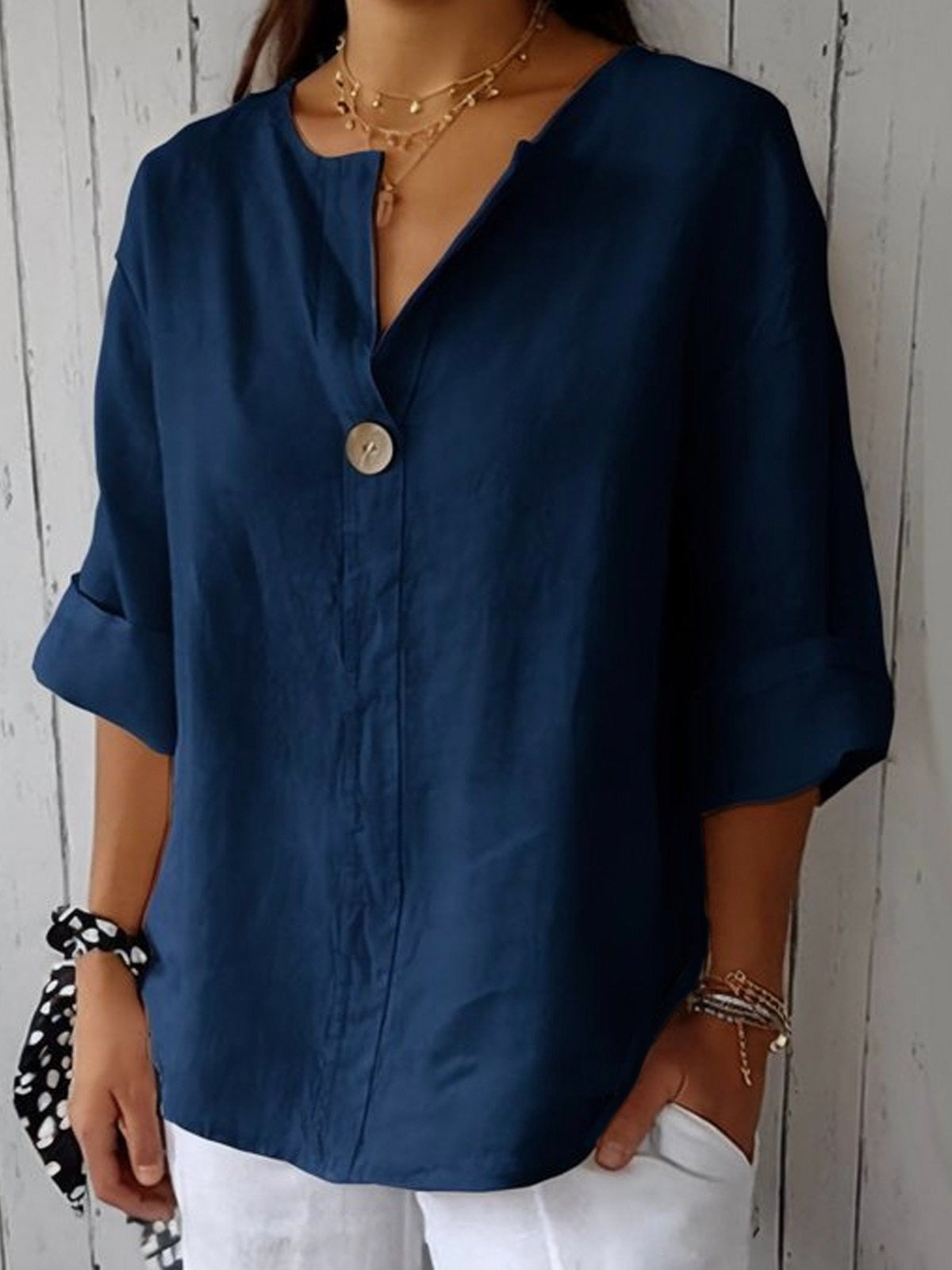 pearlava women's cotton 3/4 sleeve one-button blouse