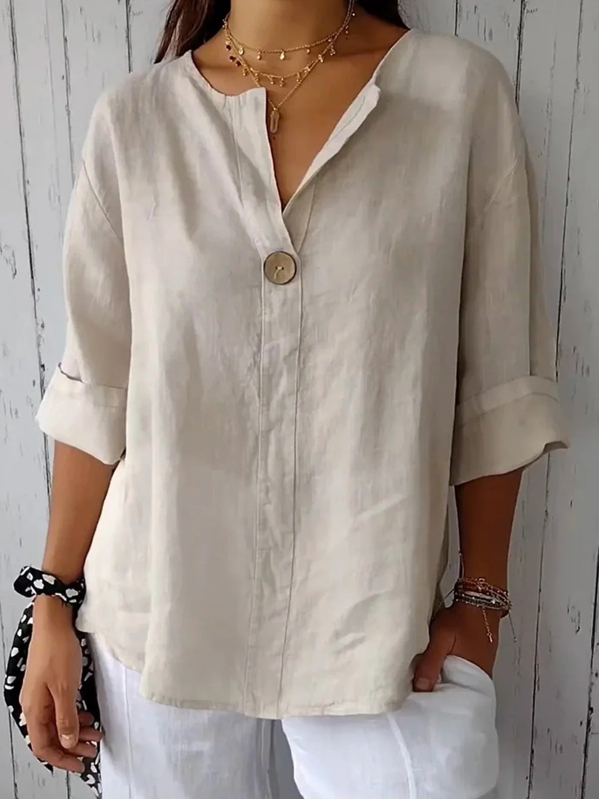 pearlava women's cotton 3/4 sleeve one-button blouse