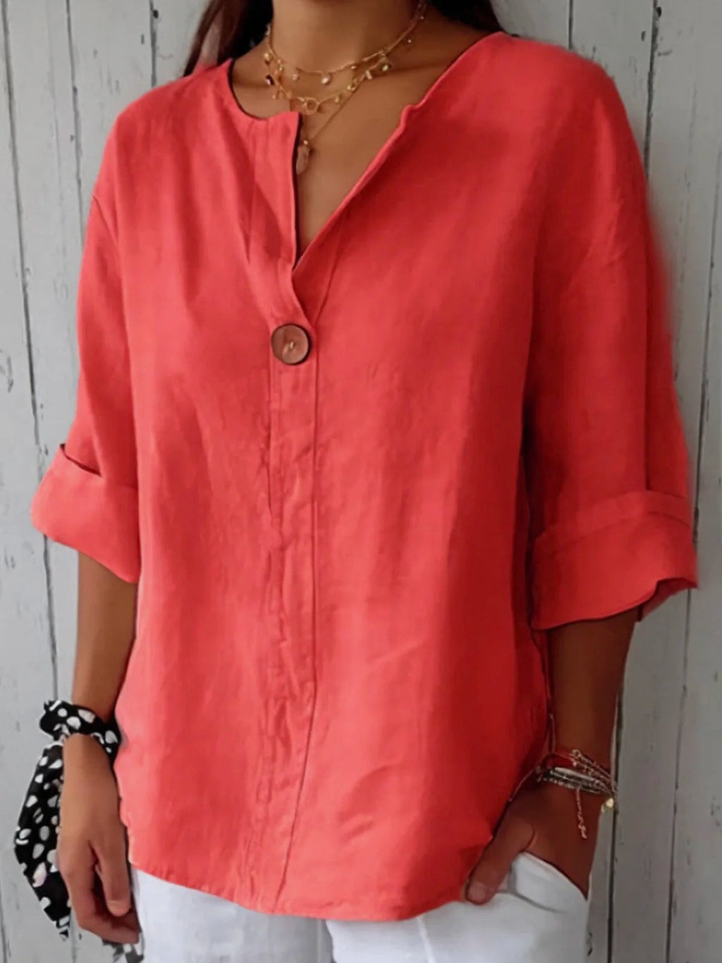 pearlava women's cotton 3/4 sleeve one-button blouse