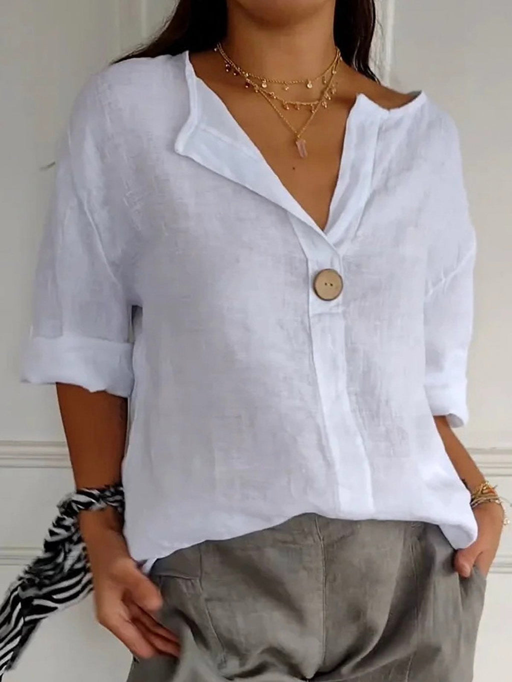 pearlava women's cotton 3/4 sleeve one-button blouse