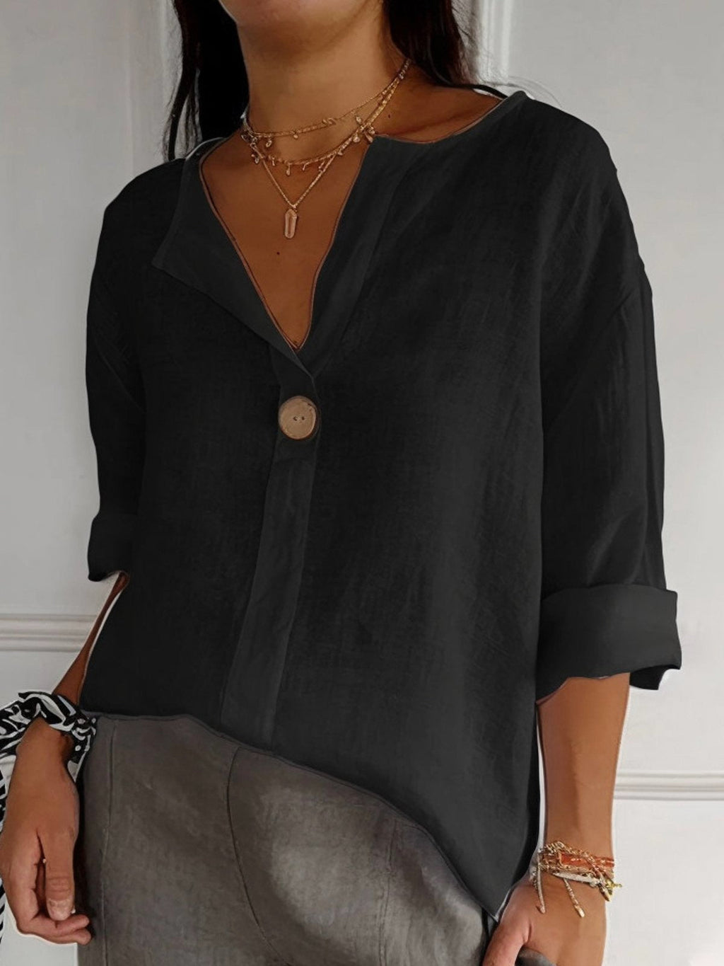 pearlava women's cotton 3/4 sleeve one-button blouse