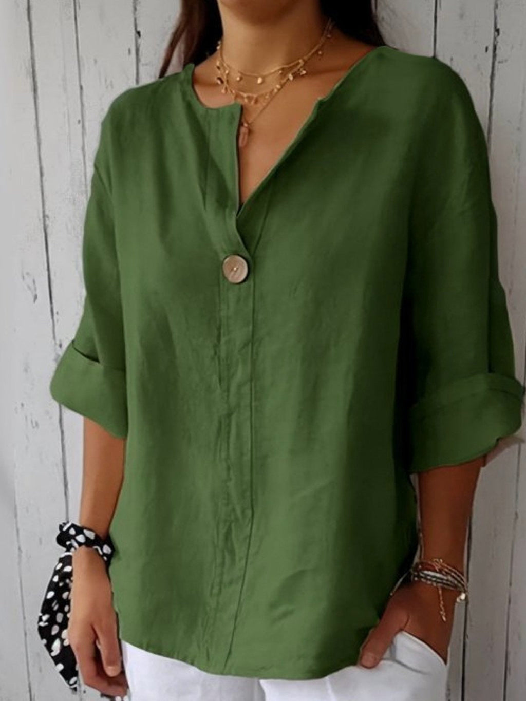 pearlava women's cotton 3/4 sleeve one-button blouse