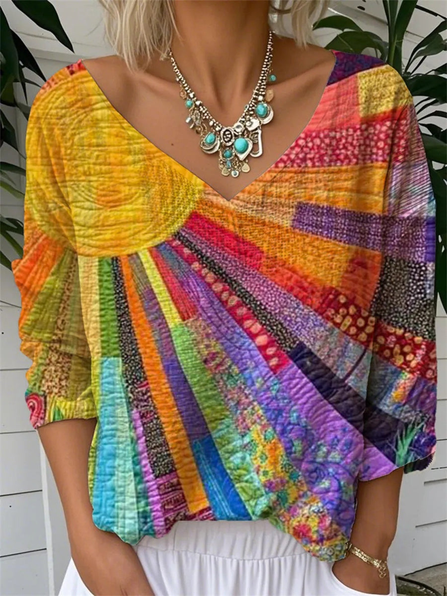pearlava women's colourful patchwork v-neck long-sleeve blouse