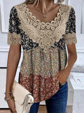 pearlava women's floral lace v-neck short-sleeve loose blouse