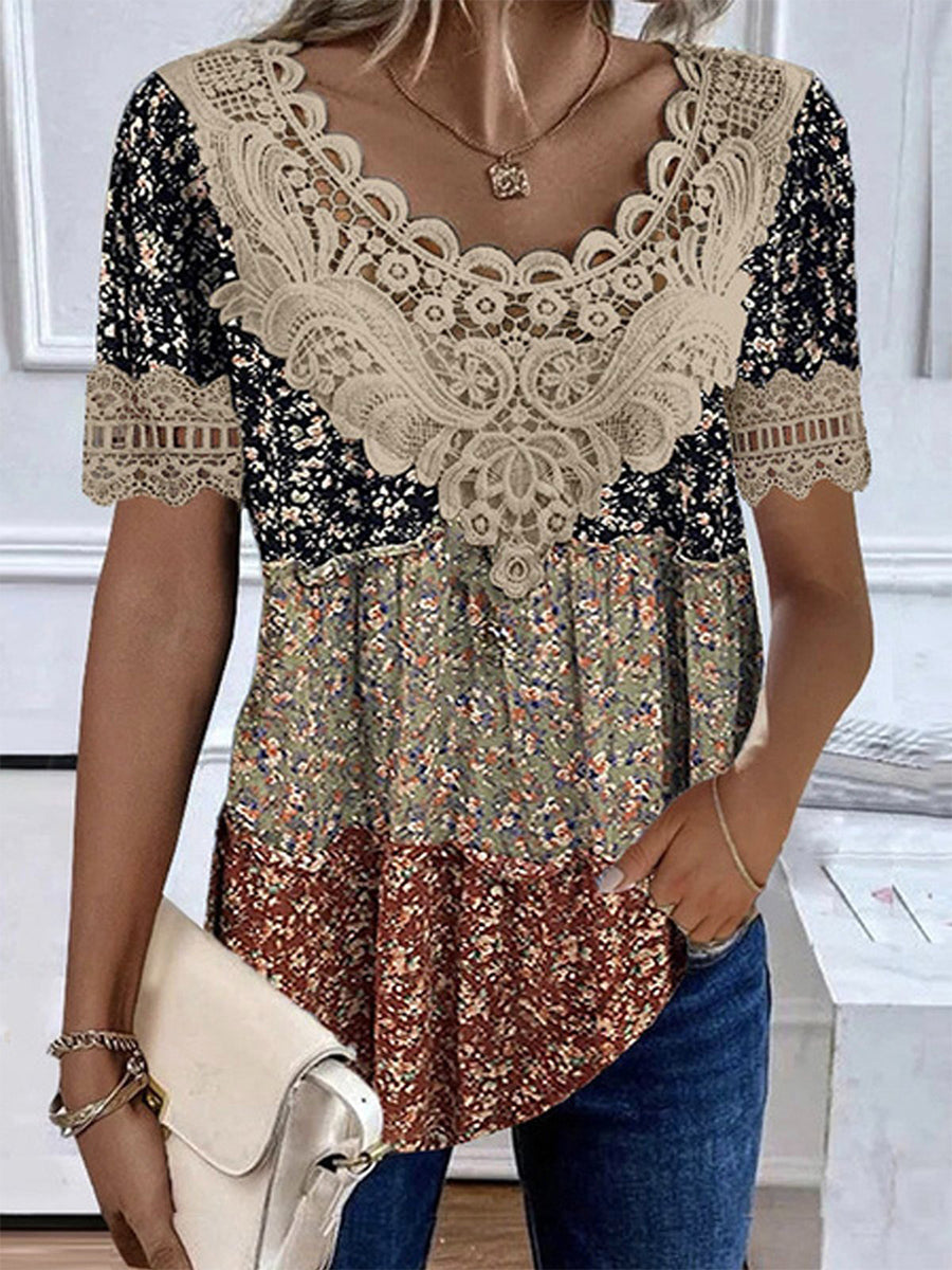 pearlava women's floral lace v-neck short-sleeve loose blouse