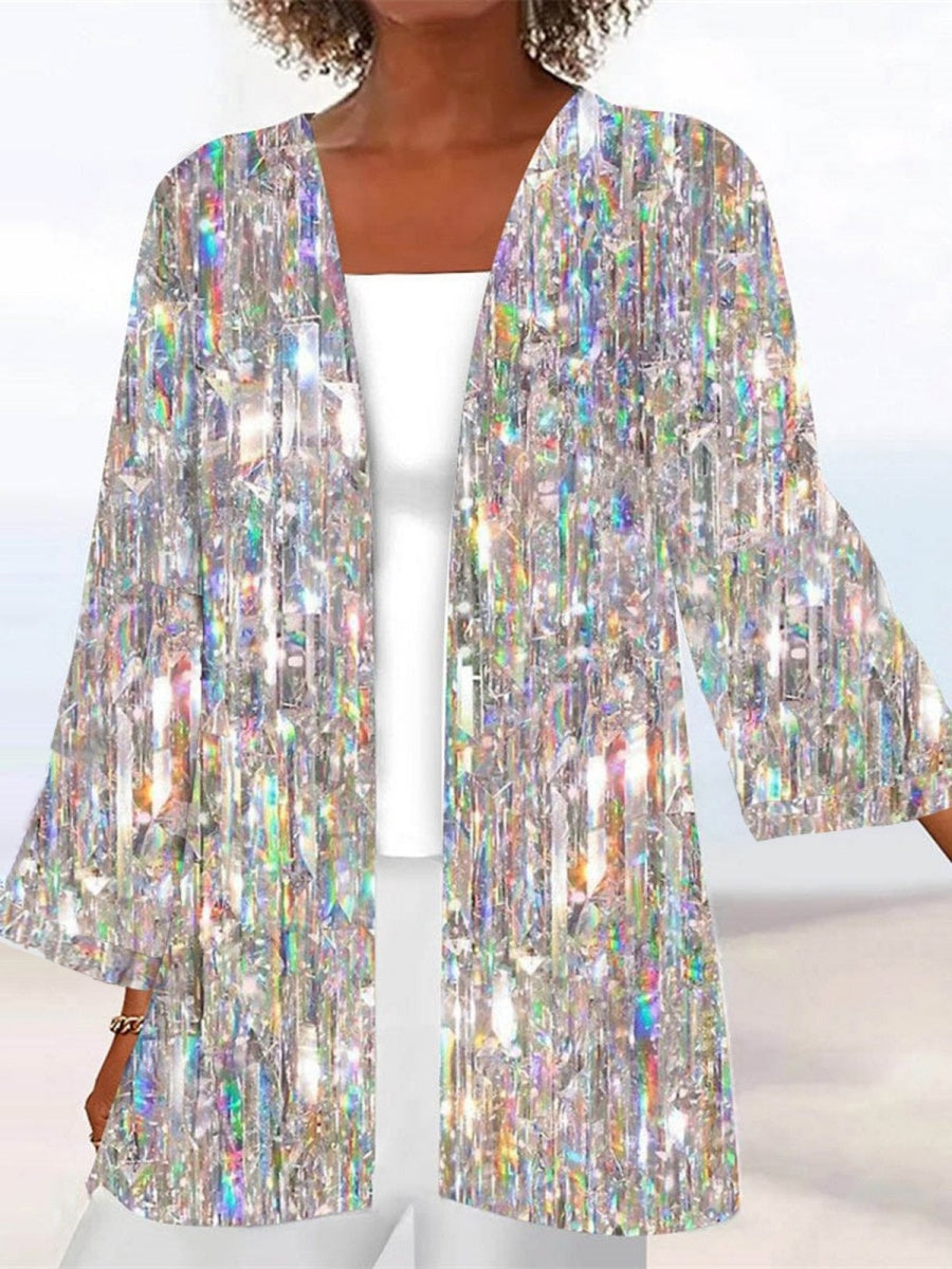 pearlava women's shimmer sequin 3/4 sleeve open-front cardigan
