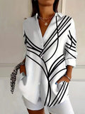 pearlava women's abstract stripe lapel long-sleeve loose blouse