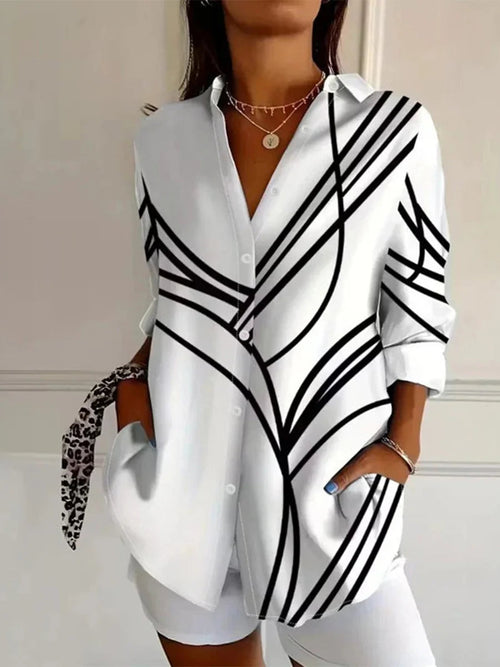 pearlava women's abstract stripe lapel long-sleeve loose blouse