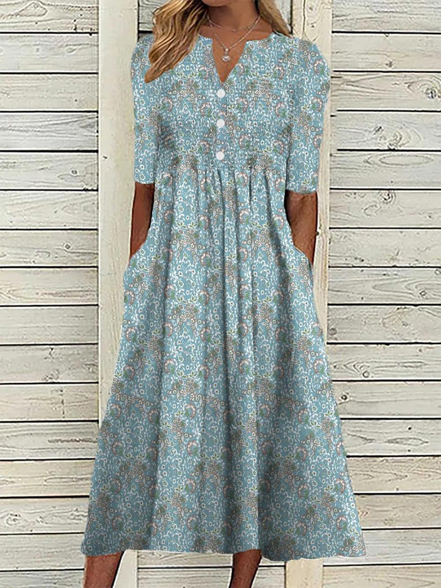 pearlava women's floral pleated v-neck half-sleeve midi dress with pockets