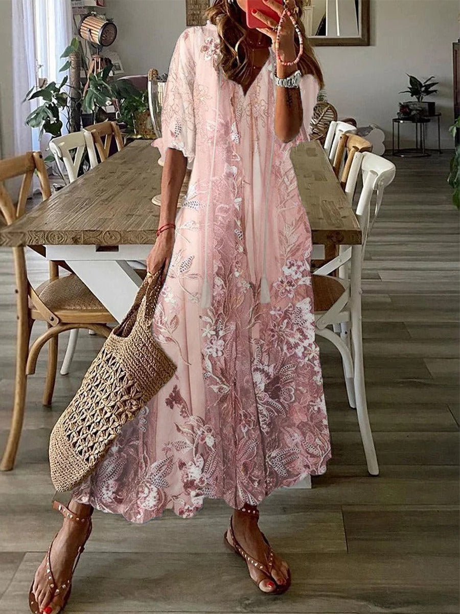 pearlava women's floral lace v-neck half-sleeve maxi dress