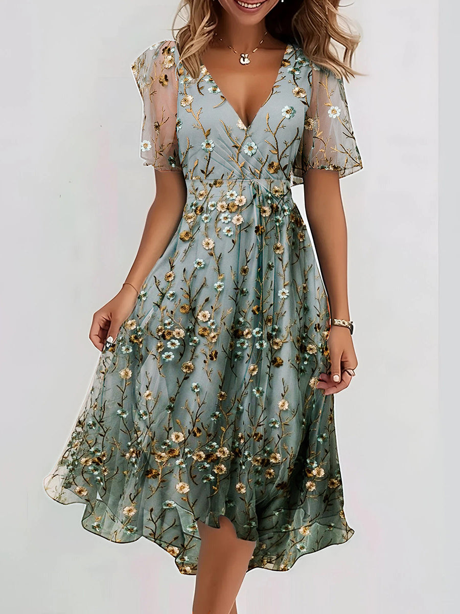 pearlava women's floral v-neck short-sleeve midi dress