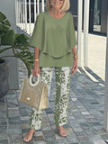 pearlava women's green two-piece set: layered top & leaf-print trousers