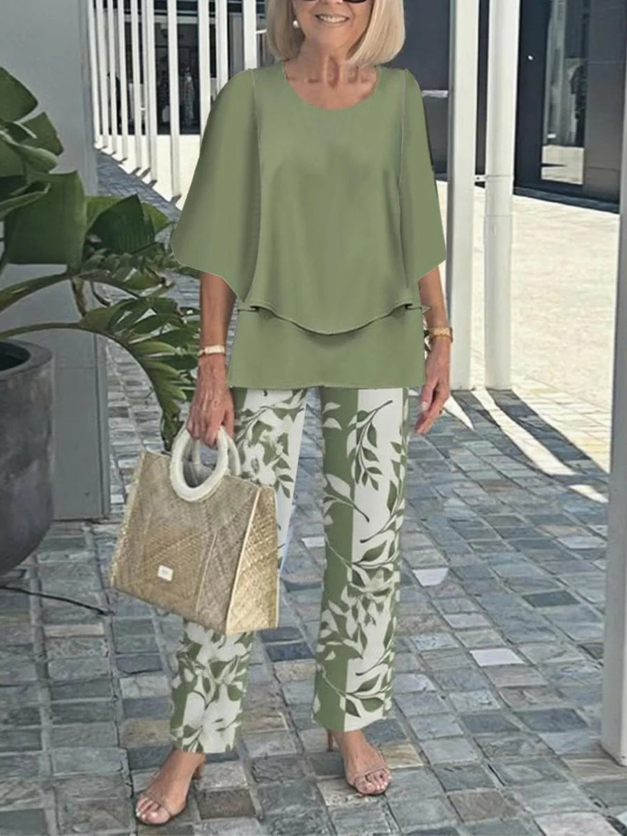 pearlava women's green two-piece set: layered top & leaf-print trousers