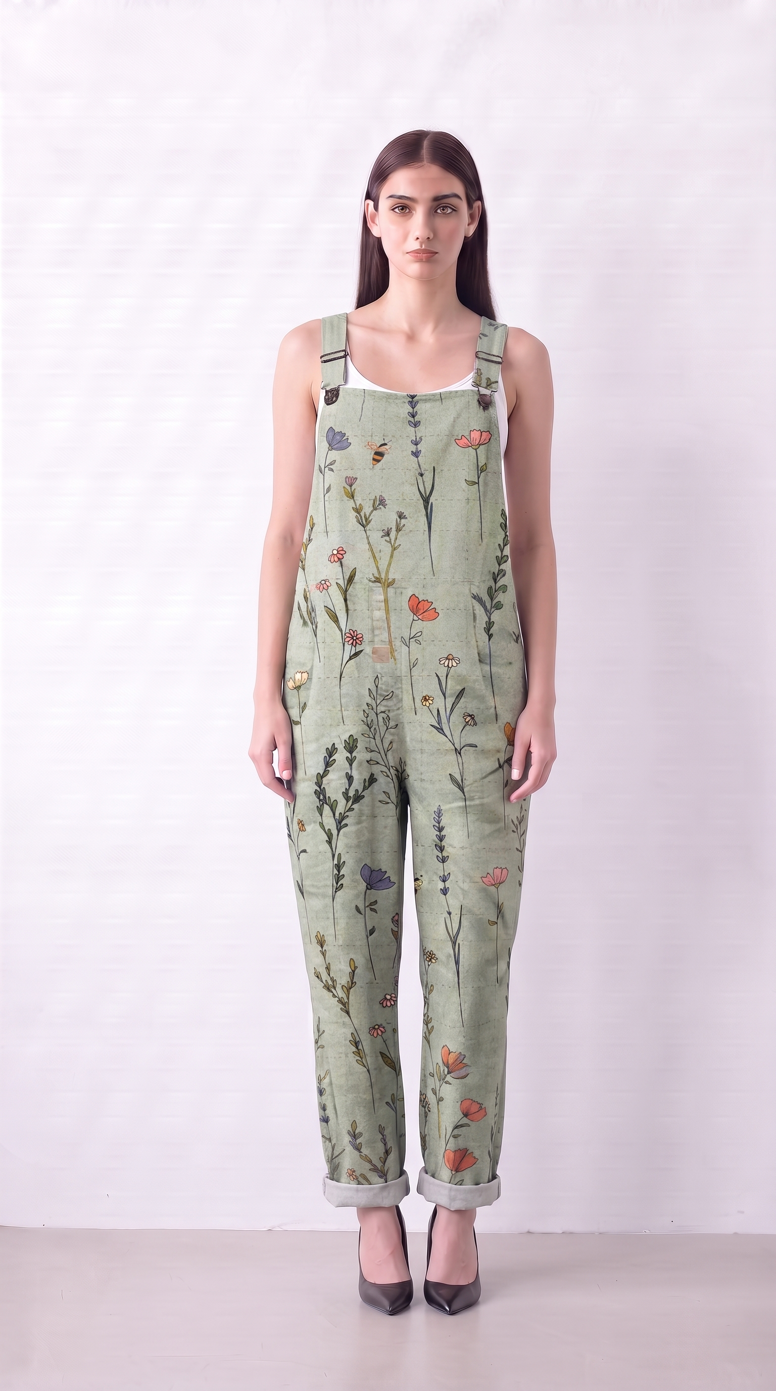 Floral Overalls Women Wide-Leg Adjustable-Strap Jumpsuit Lightweight Summer