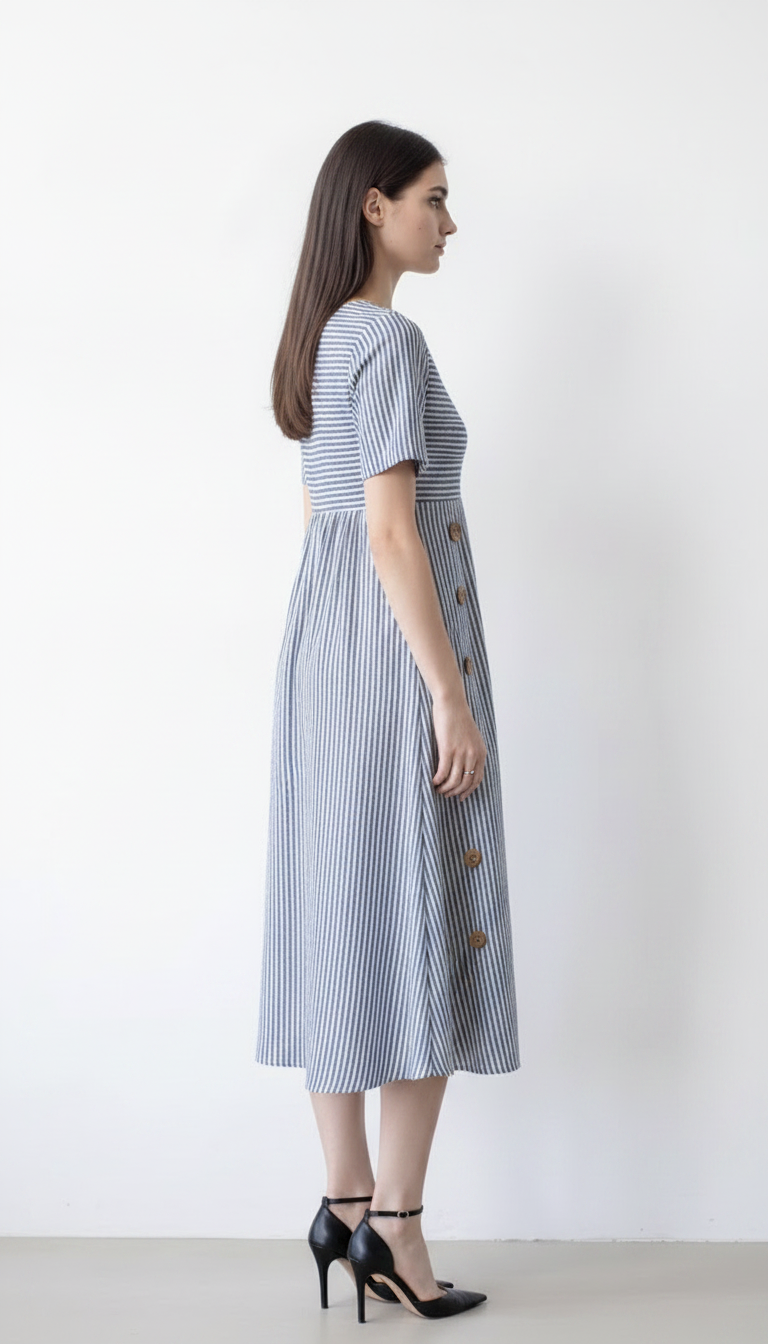 Striped Midi Dress Women Button-Down Short-Sleeve Pockets Summer Casual