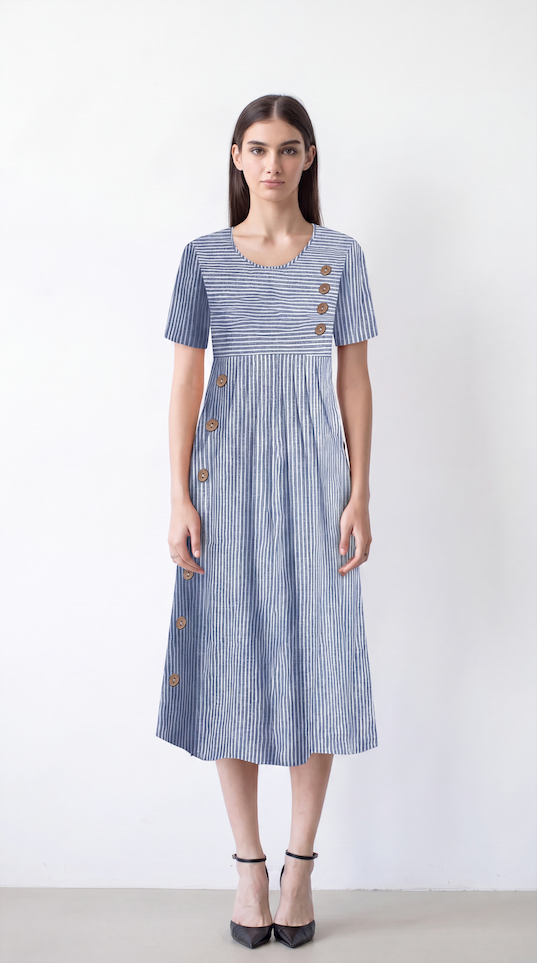 Striped Midi Dress Women Button-Down Short-Sleeve Pockets Summer Casual