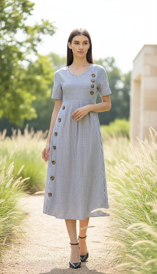 Striped Midi Dress Women Button-Down Short-Sleeve Pockets Summer Casual