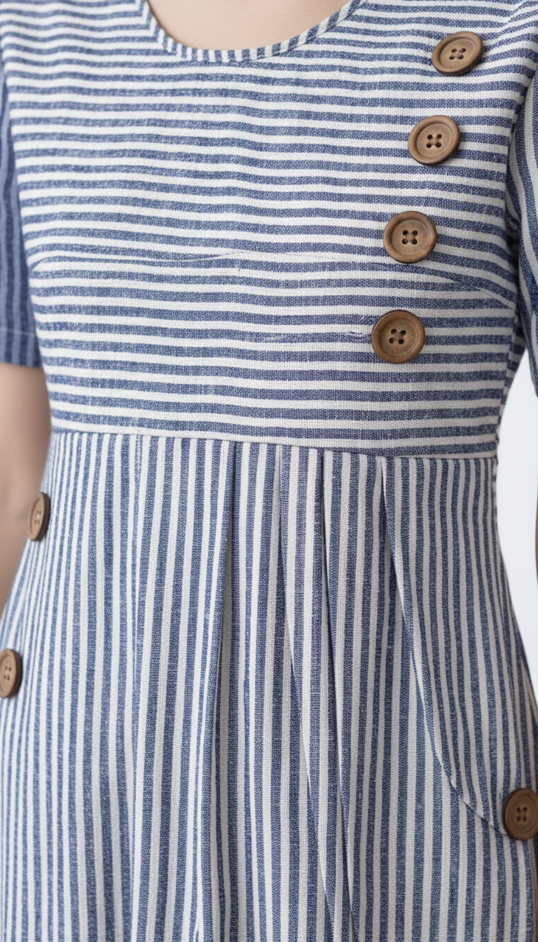 Striped Midi Dress Women Button-Down Short-Sleeve Pockets Summer Casual