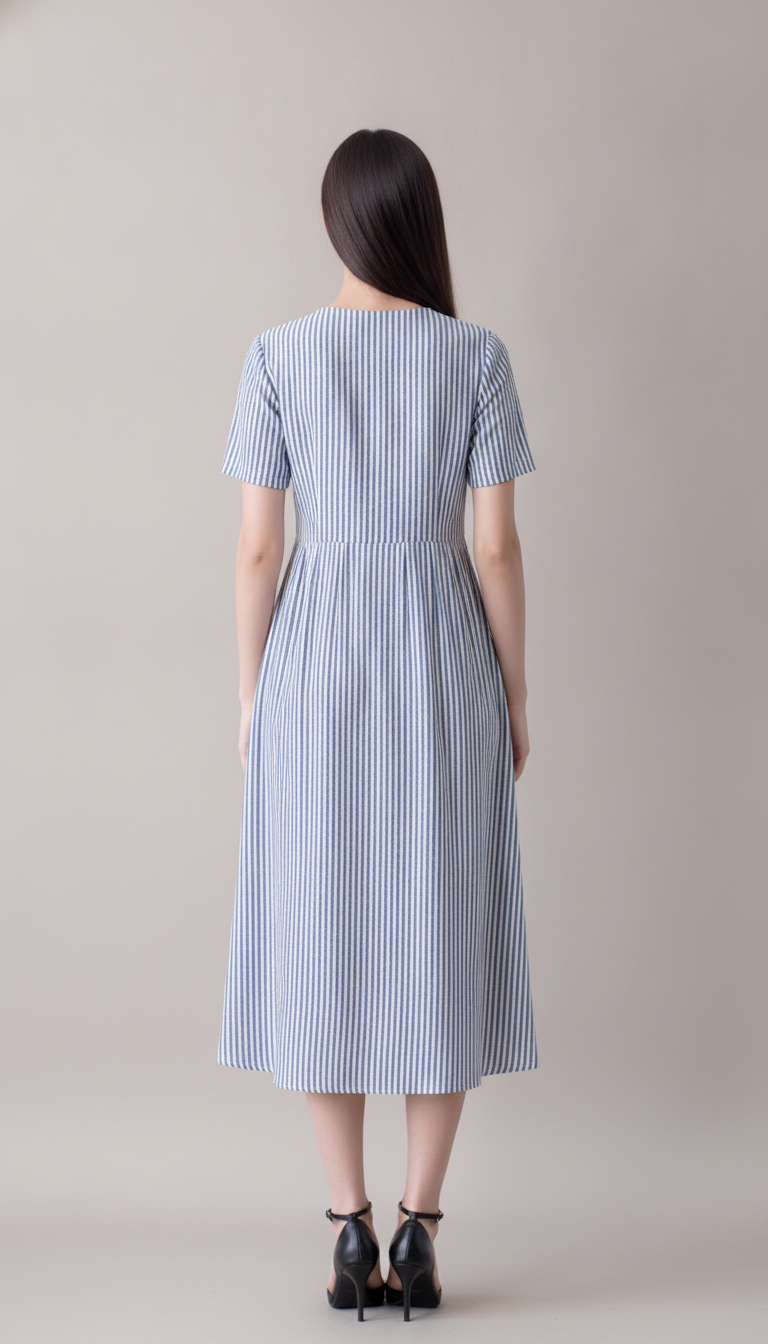 Striped Midi Dress Women Button-Down Short-Sleeve Pockets Summer Casual