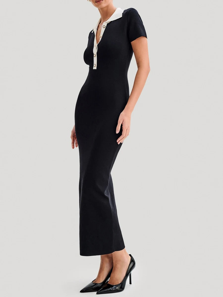 Pearlava | Fleur Ribbed Knit Polo Maxi Dress