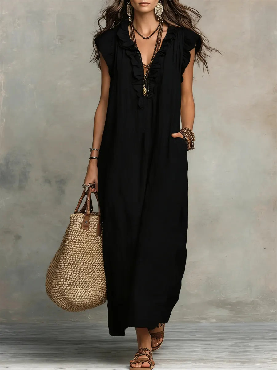 Pearlava Women's Flowy Bohemian Dress in linen-cotton blend