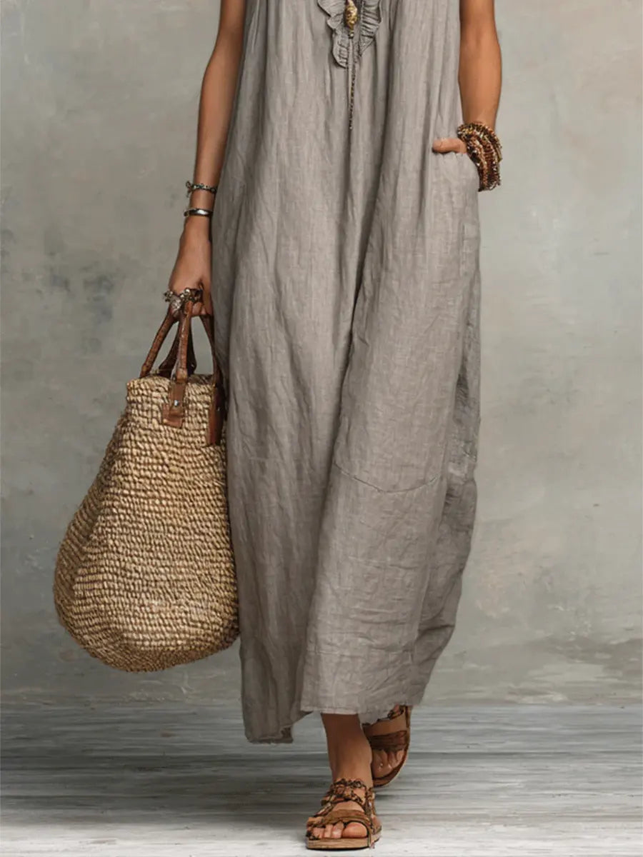 Pearlava Women's Flowy Bohemian Dress in linen-cotton blend