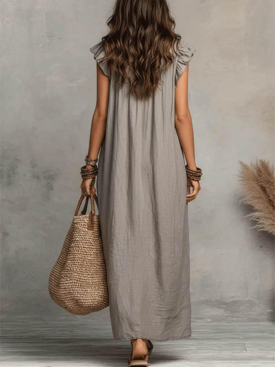Pearlava Women's Flowy Bohemian Dress in linen-cotton blend