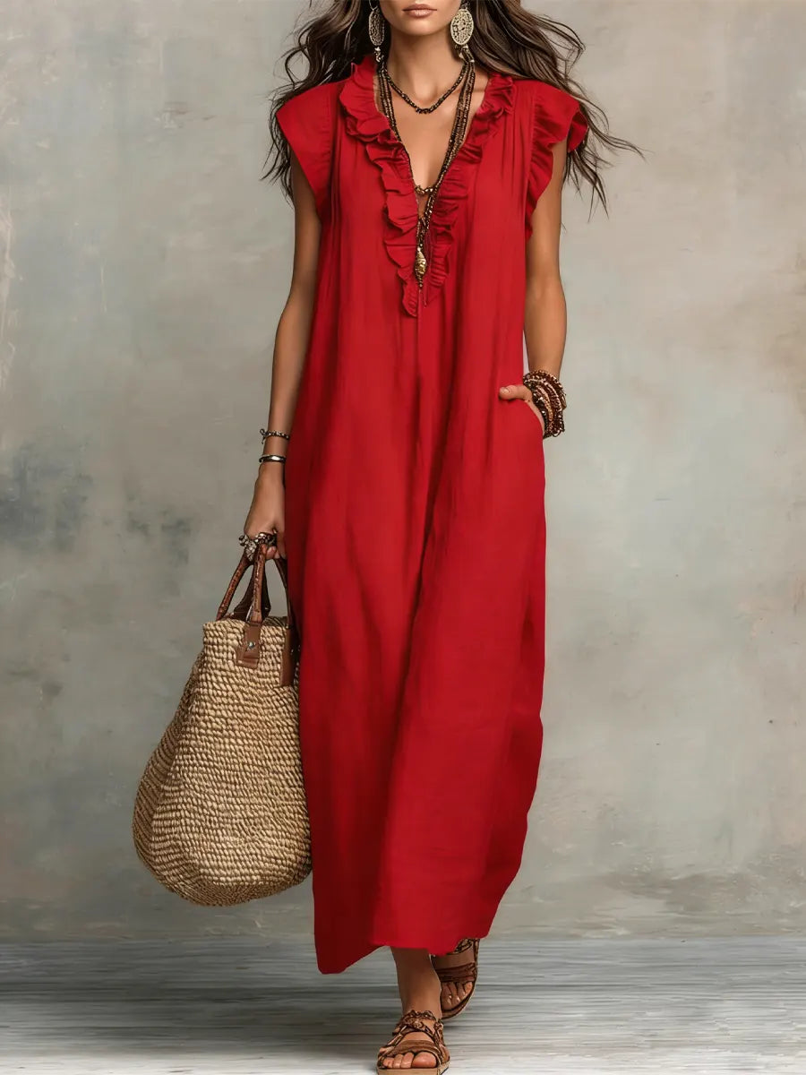 Pearlava Women's Flowy Bohemian Dress in linen-cotton blend