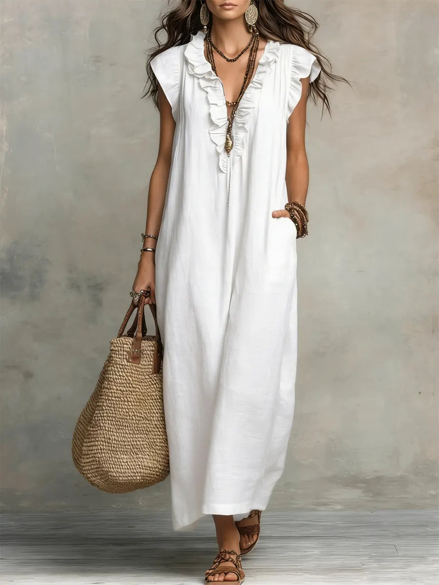 Pearlava Women's Flowy Bohemian Dress in linen-cotton blend