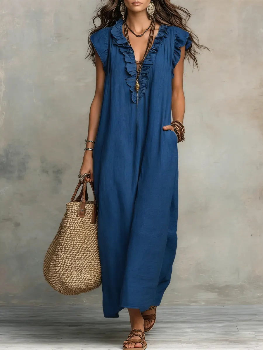 Pearlava Women's Flowy Bohemian Dress in linen-cotton blend