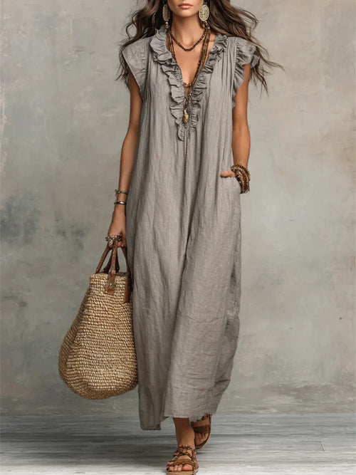 Pearlava Women's Flowy Bohemian Dress in linen-cotton blend