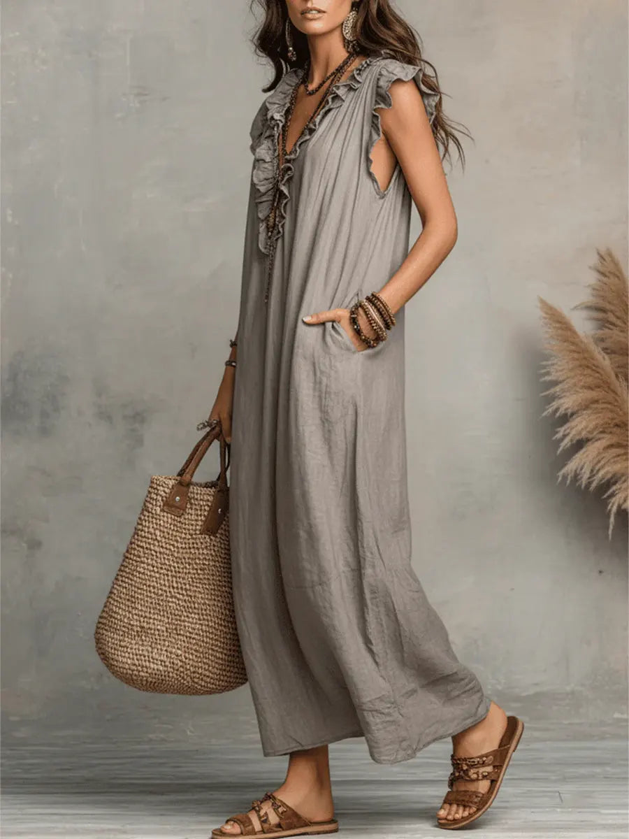 Pearlava Women's Flowy Bohemian Dress in linen-cotton blend