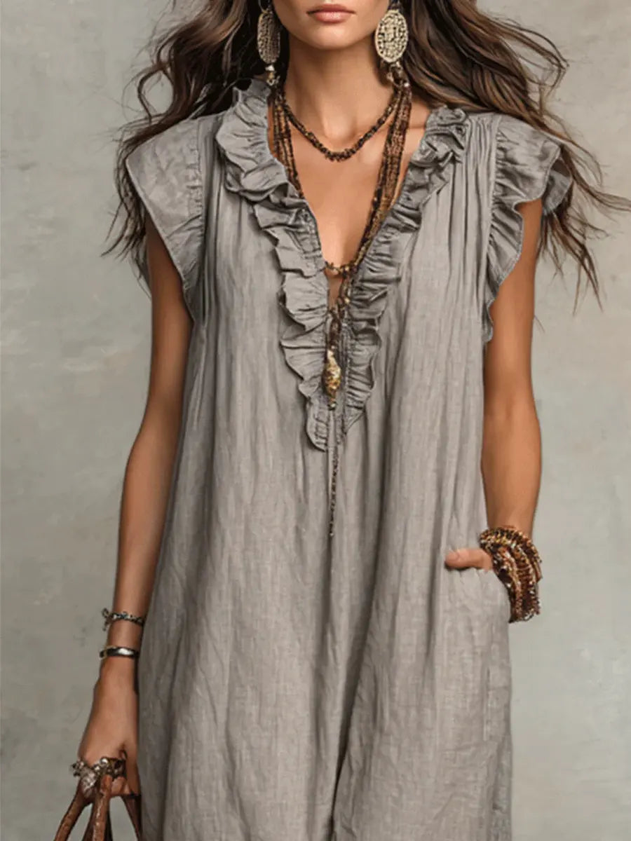 Pearlava Women's Flowy Bohemian Dress in linen-cotton blend