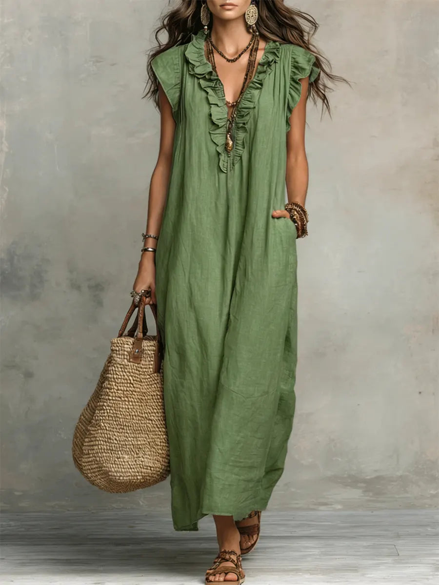 Pearlava Women's Flowy Bohemian Dress in linen-cotton blend